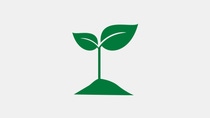 Simple green icon of a young plant with two leaves sprouting from a small mound of soil.