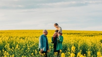 Father carrying son on shoulder next to grandfather in rapeseed field