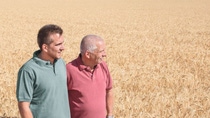 Hombres uno al lado del otro en el campo de cultivo BASF Argentina