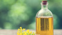Bottle of rapeseed oil (canola) and rape flowers bunch on table outdoors.