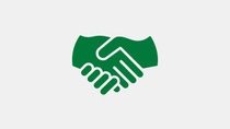 Green icon of two hands shaking, representing partnership and collaboration.