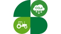 Green agriculture icons with a tractor and CO2e cloud, illustrating sustainable farming and carbon reduction. 