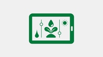 Green icon of a tablet screen showing plant, droplet, sun, and control sliders for digital agriculture. 