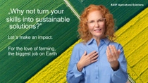 A woman in front of a field. The text reads: Why not turn your skills into sustainable solutions?