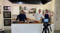 Ben Ebrell, Mike Huttlestone and Frank Pontais together standing in a kitchen Ben Ebrell, Mike Huttlestone and Frank Pontais together standing in a kitchen