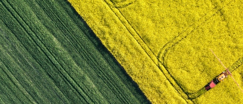 aerial view of harvest fields with tractor in Poland aerial view of harvest fields with tractor in Poland