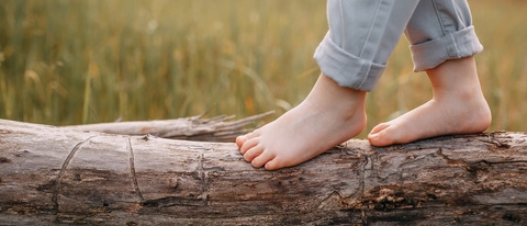 Child balancing on a trunk lying in front of a field Child balancing on a trunk lying in front of a field