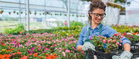 Florists woman working with flowers in a greenhouse. Young woman working in flower garden. Woman entrepreneur Florists woman working with flowers in a greenhouse. Young woman working in flower garden. Woman entrepreneur