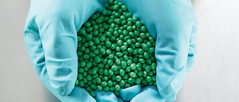 Mãos com luva segurando sementes verdes BASF Brasil