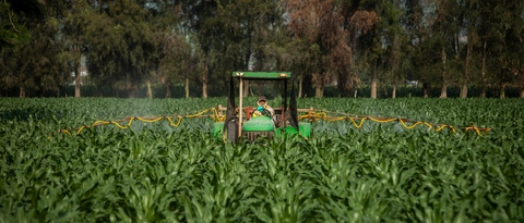 Agricultor con EPP aplicando fungicida