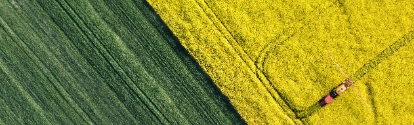 aerial view of harvest fields with tractor in Poland