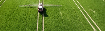 Two field sprayers working on a green field.