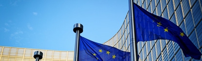 EU flags in front of European Commission in Brussels