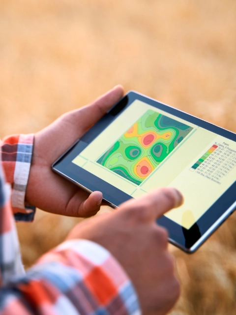 Precision farming. Farmer hands hold tablet using online data management software, differential fertilizer application maps. Agronomist works with touch screen to control, analyse agriculture business; Shutterstock ID 1776032321; purchase_order: 1086744798; job: Annegret Liebscht; client: APB/KS; other: 20782208