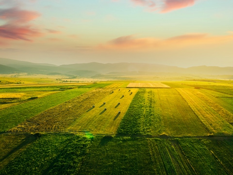 Aerial of beautiful sunset over agricultural fields