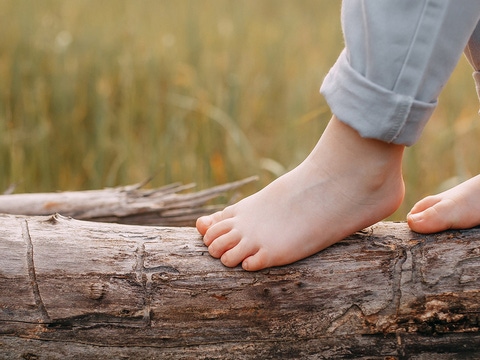 Child balancing on a trunk lying in front of a field Child balancing on a trunk lying in front of a field