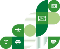 Icons of sustainability representing plant growth, CO2 reduction, satellite tech, digital agriculture, and collaboration. 
