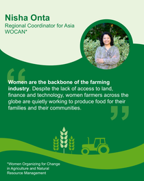 Picture of Nisha Onta with a quote from her: "Women are the backbone of the farming industry."